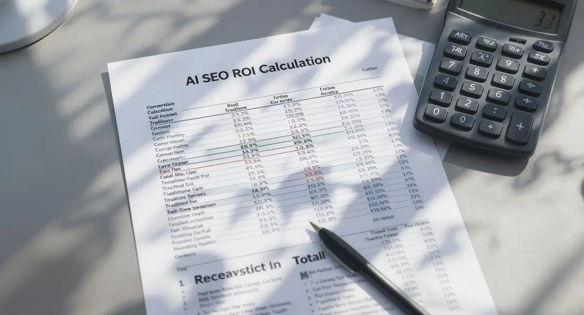 Printed AI SEO ROI calculation spreadsheet with dual conversion-rate columns, calculator, and annotated - Strategyc