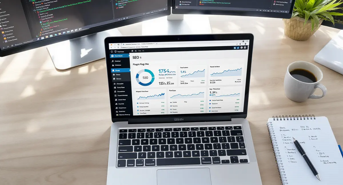 Laptop screen displaying WordPress dashboard with SEO plugin metrics and ranking data visible - Strategyc