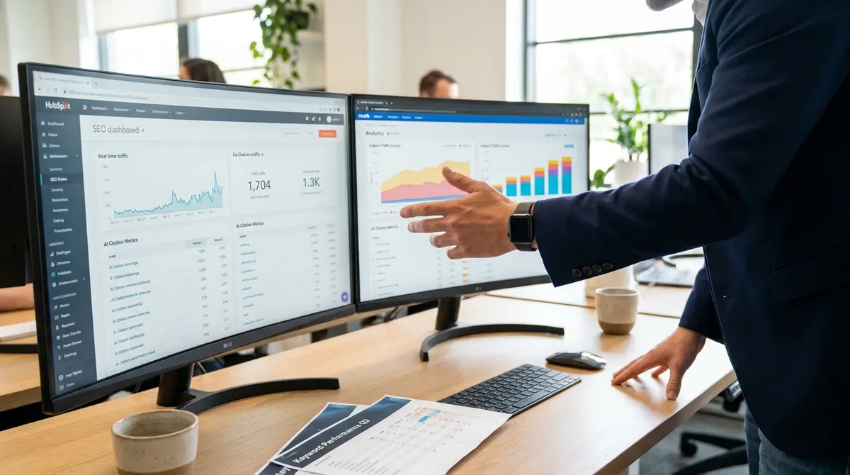 Marketing analyst pointing at dual-monitor workstation displaying live SEO traffic dashboard and AI - Strategyc