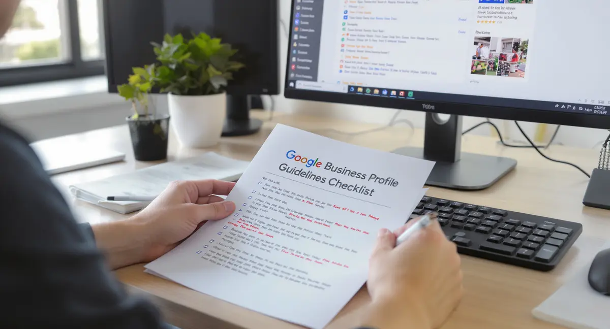 Digital marketer standing at desk reviewing Google Business Profile guidelines checklist on printed - Strategyc