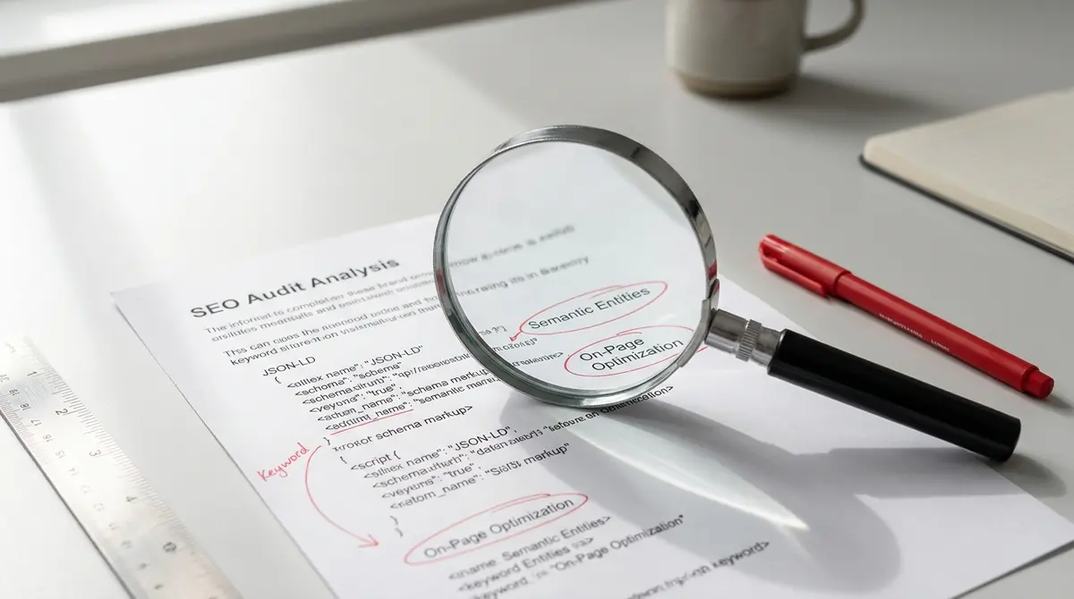 Magnifying glass positioned over a printed SEO audit report with highlighted schema markup code and - Strategyc
