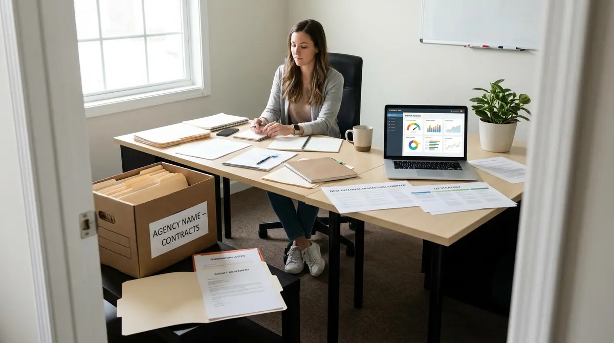 Interior of a small business office with one marketer at a desk transitioning from agency to in-house - Strategyc