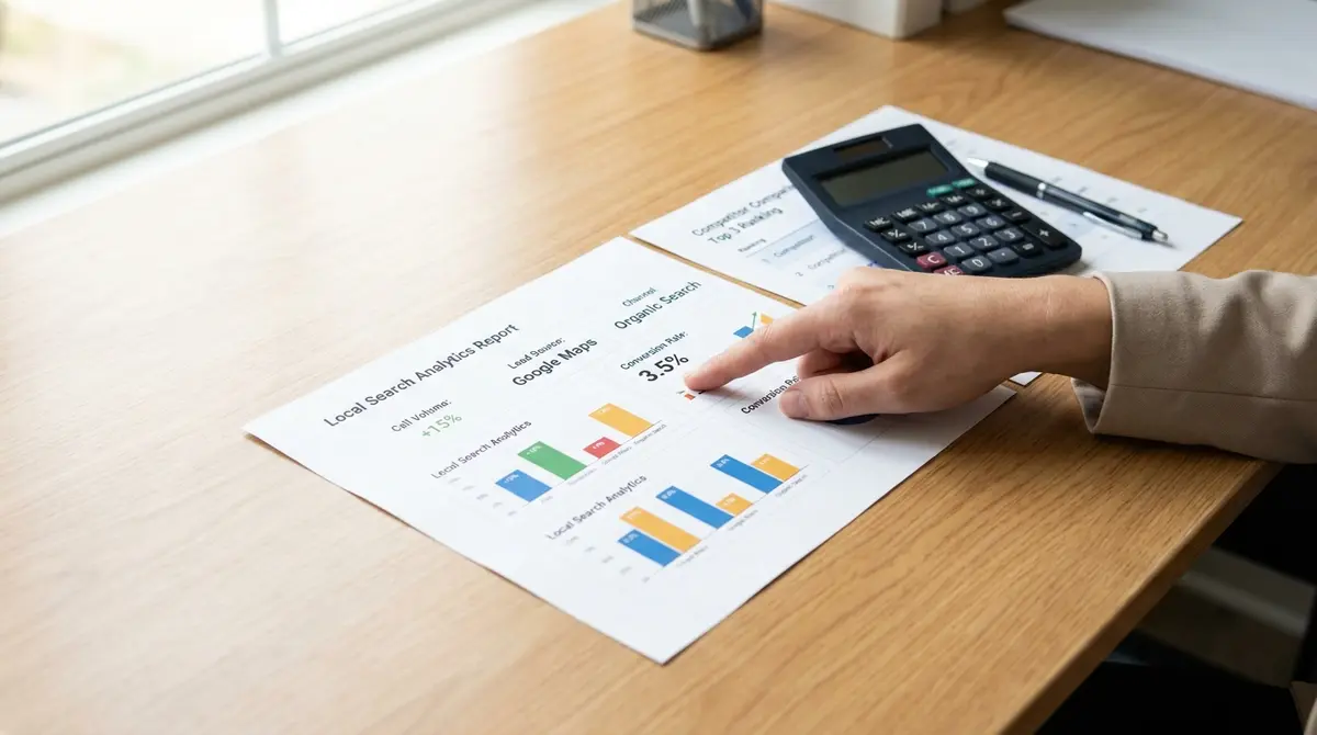 Hand pointing at a printed local search analytics report showing call volume, lead source attribution, - Strategyc