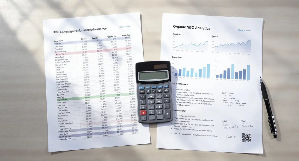 Printed PPC campaign spreadsheet and organic SEO analytics report side-by-side on desk with calculator - Strategyc