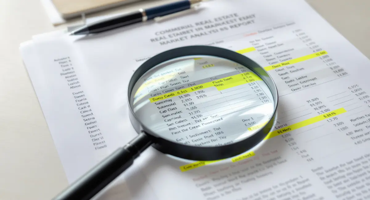 Magnifying glass positioned over a printed commercial real estate market analysis report with highlighted - Strategyc