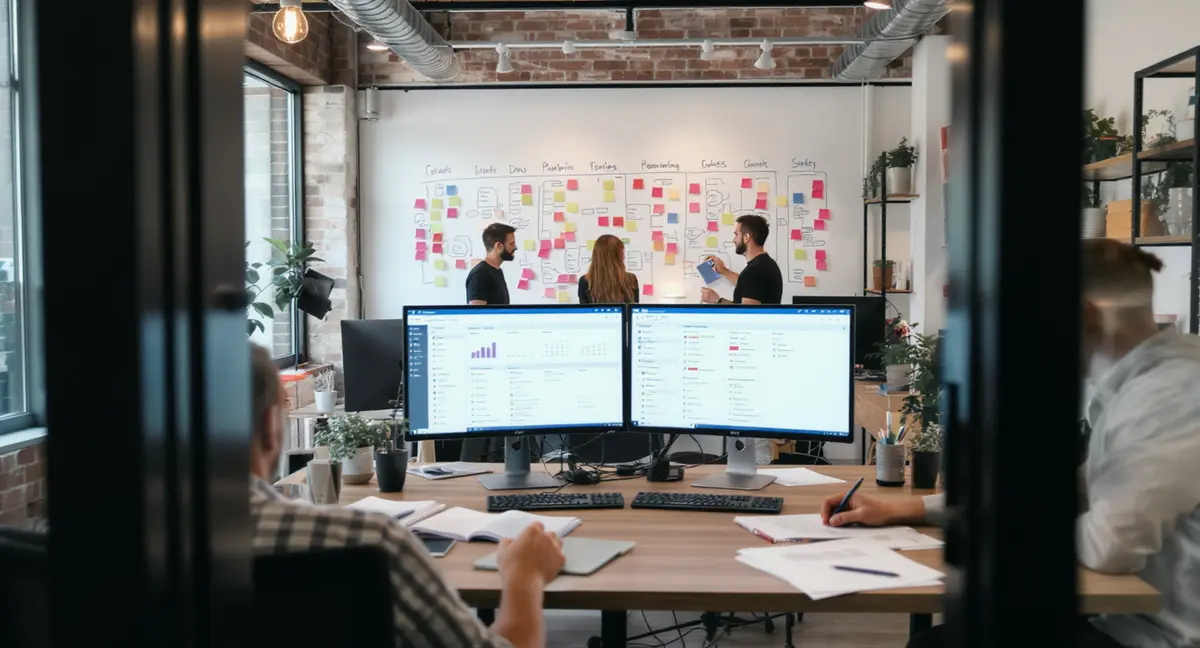 Modern marketing agency war room with dual monitors displaying content calendar and publishing dashboard, - Strategyc