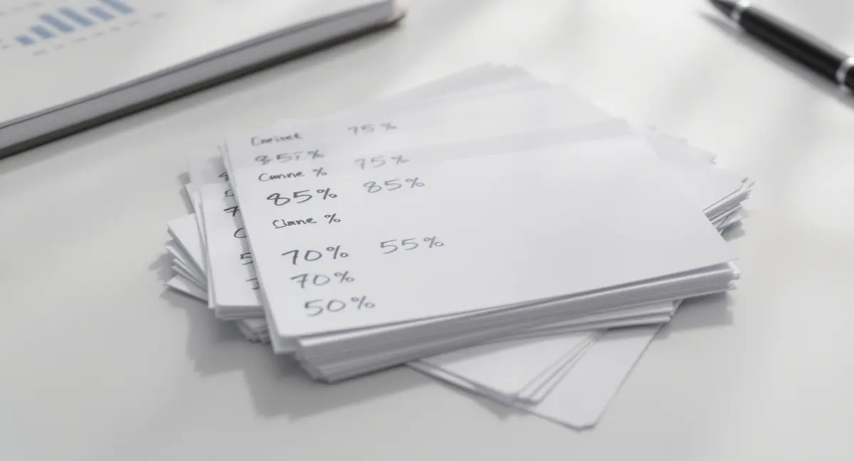 A/B testing experiment card deck fanned across a desk with conversion rate percentages handwritten on tabs - Strategyc