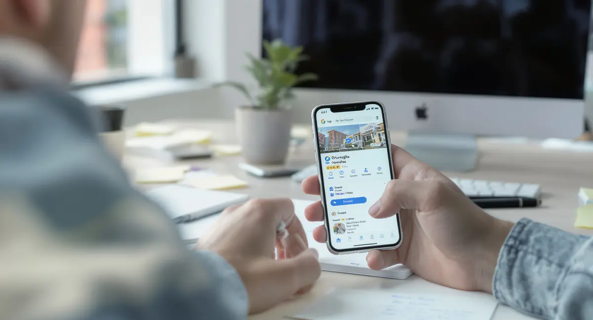 Digital marketer reviewing Google My Business profile photo on smartphone while annotating notes on desk - Strategyc