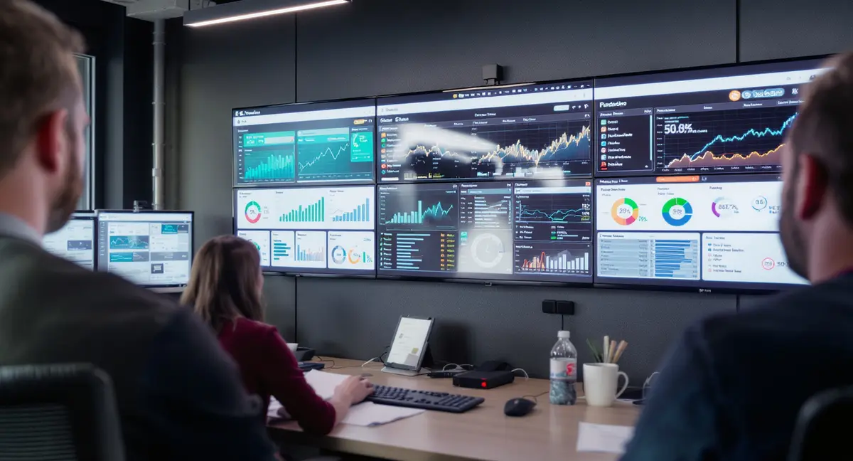 Interior of a digital marketing agency war room with multiple analysts viewing live SEO KPI dashboards on - Strategyc