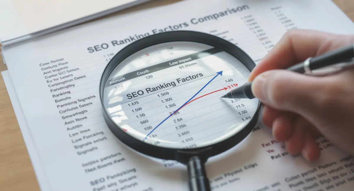 Printed SEO ranking factors comparison chart with hand drawing trend line highlighting core factors - Strategyc