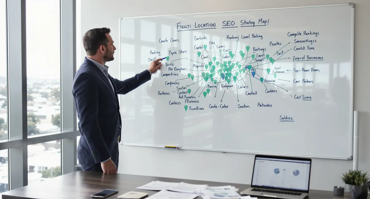 Franchise manager standing at office whiteboard, pointing at multi-location SEO strategy map with pins - Strategyc