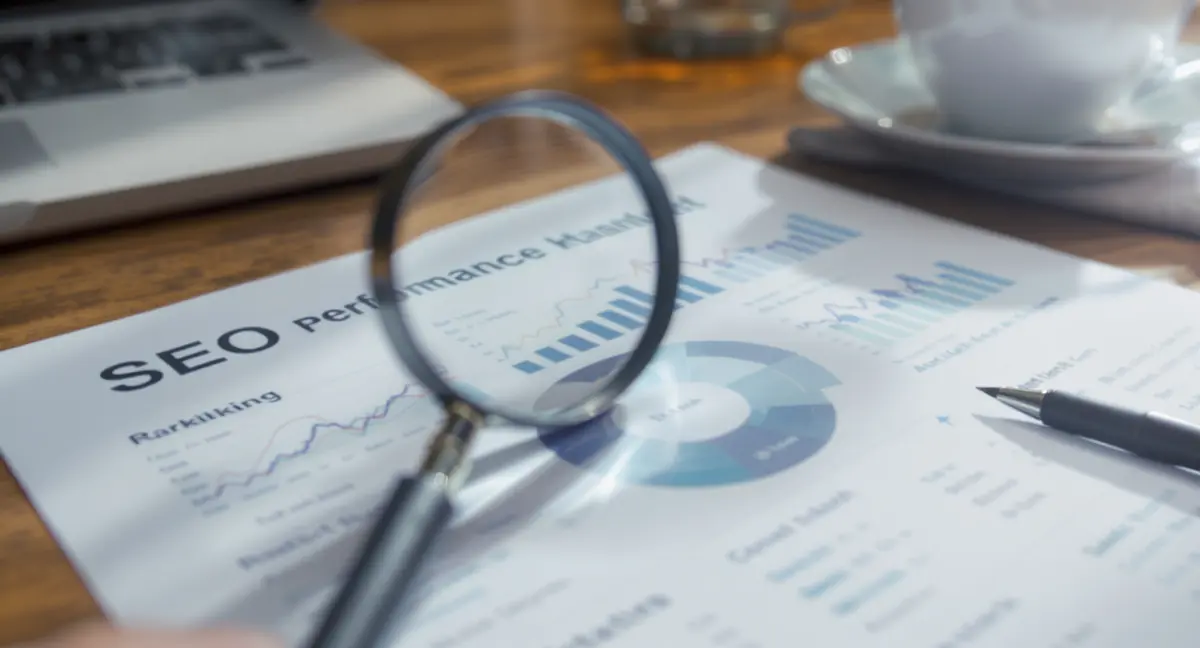 Close-up of a magnifying glass positioned over a printed SEO performance dashboard showing ranking - Strategyc