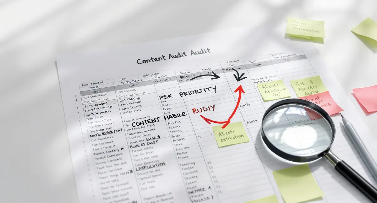 Printed content audit spreadsheet with hand-drawn optimization priority arrows and sticky notes marking - Strategyc
