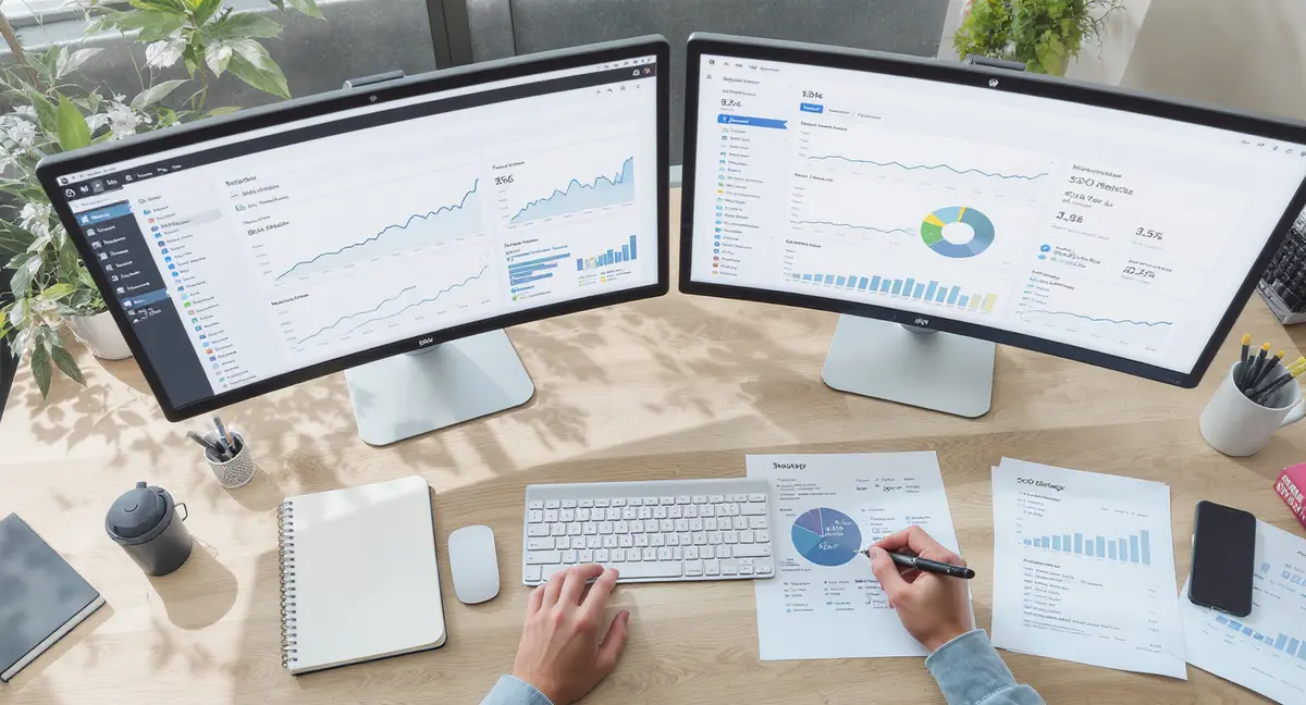 WordPress dashboard on dual monitors with analytics charts and SEO metrics displayed - Strategyc