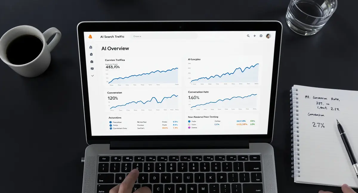 Laptop screen displaying analytics dashboard with AI search traffic data and conversion metrics side-by-side - Strategyc