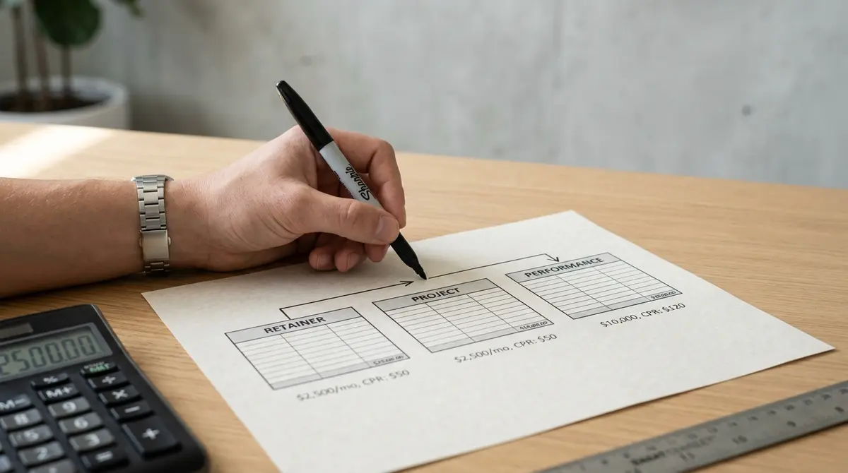 Analyst hand drawing comparison arrows between three pricing model boxes on a printed spreadsheet with - Strategyc