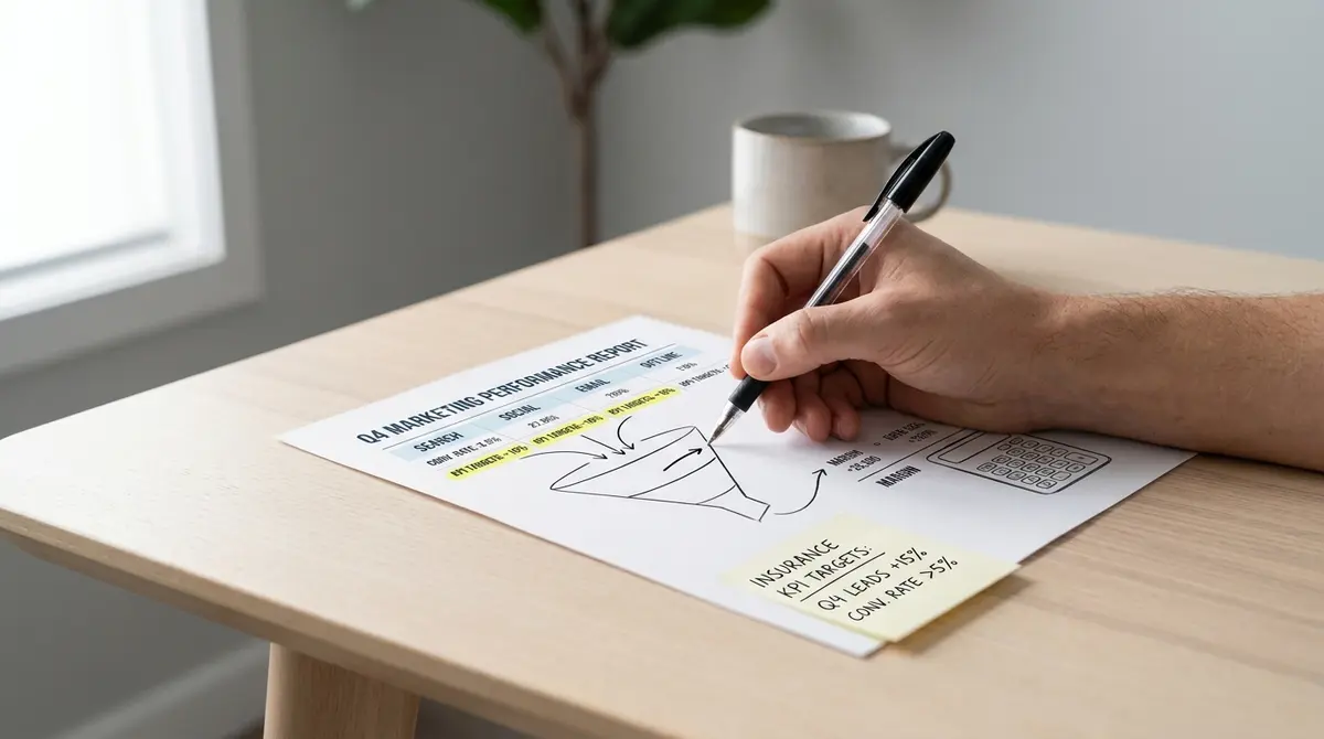Hand drawing a marketing funnel diagram on a printed analytics dashboard with conversion rate metrics - Strategyc