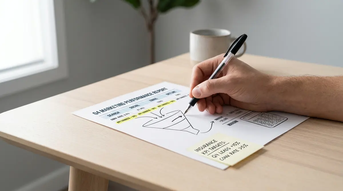Hand drawing a marketing funnel diagram on a printed analytics dashboard with conversion rate metrics - Strategyc