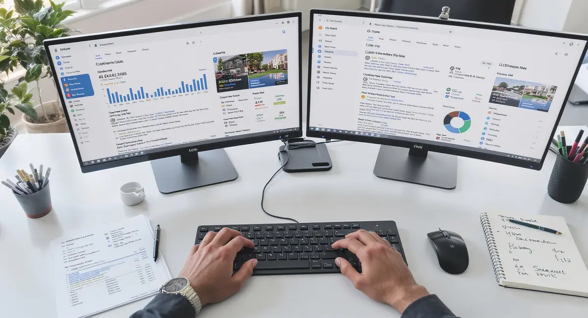 Hands at desk comparing AI search results on dual monitors showing citation rankings and LLM knowledge - Strategyc
