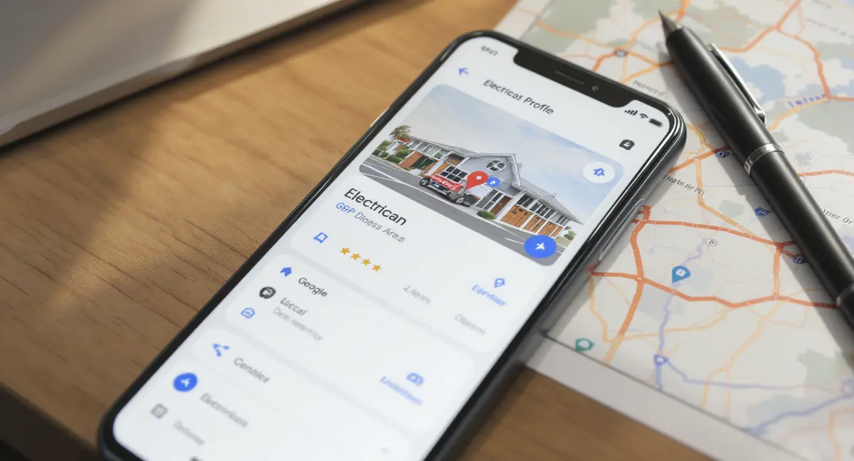 Smartphone displaying Google Business Profile for electrician service with local map pins and review - Strategyc