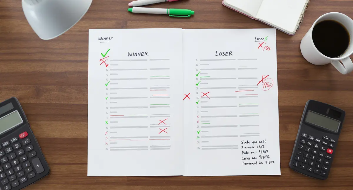 A/B test results printed on paper with red and green annotations marking winner and loser variants side - Strategyc