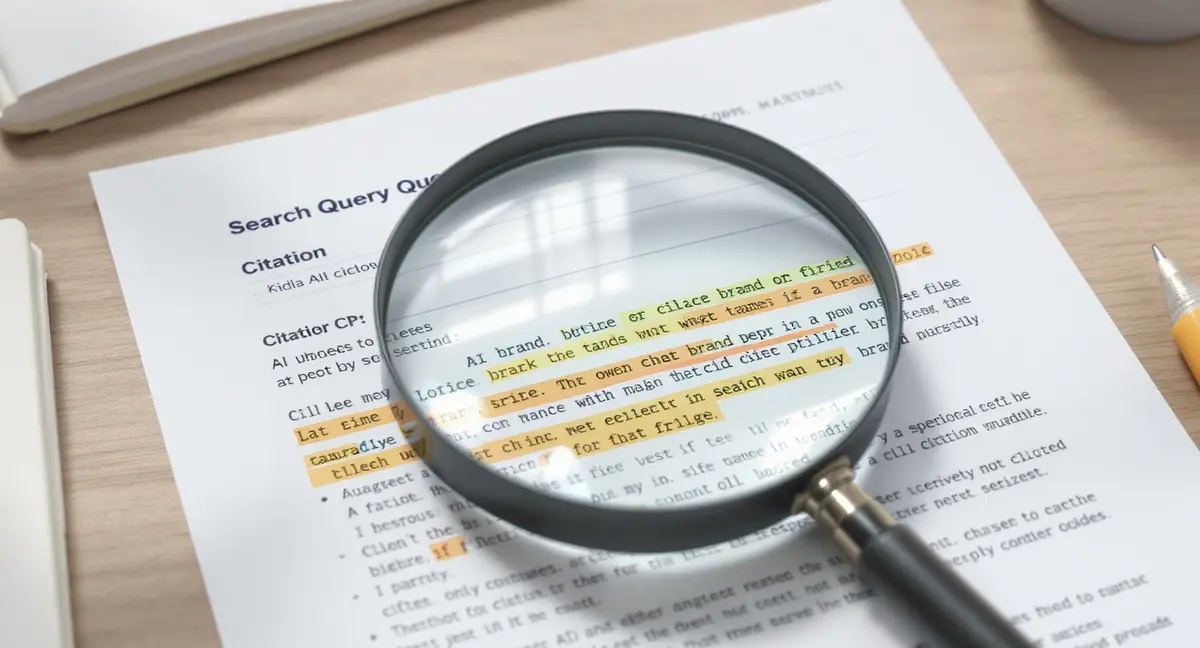 A printed AI search query result page with a highlighter marking cited brand names and a magnifying glass - Strategyc
