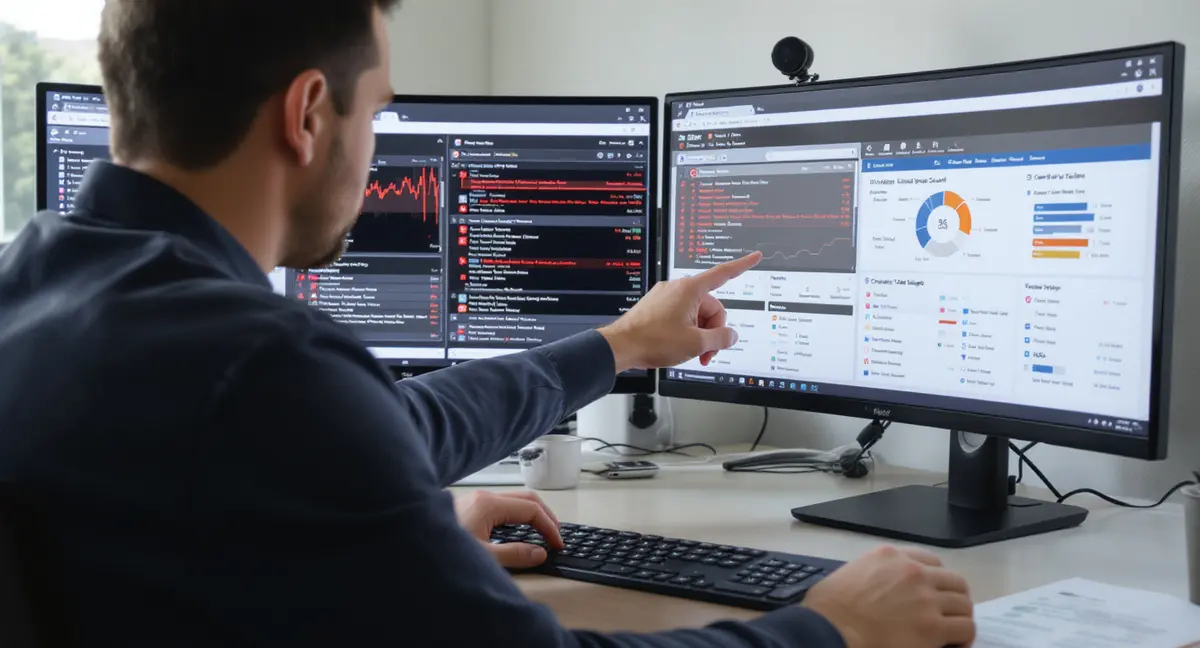 Security analyst at desk pointing at live vulnerability scan results on dual monitors during active - Strategyc