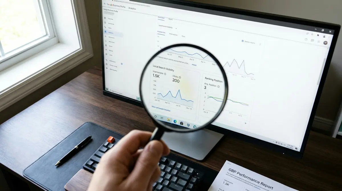 Close-up of Google Business Profile analytics dashboard on monitor with hand holding magnifying glass - Strategyc