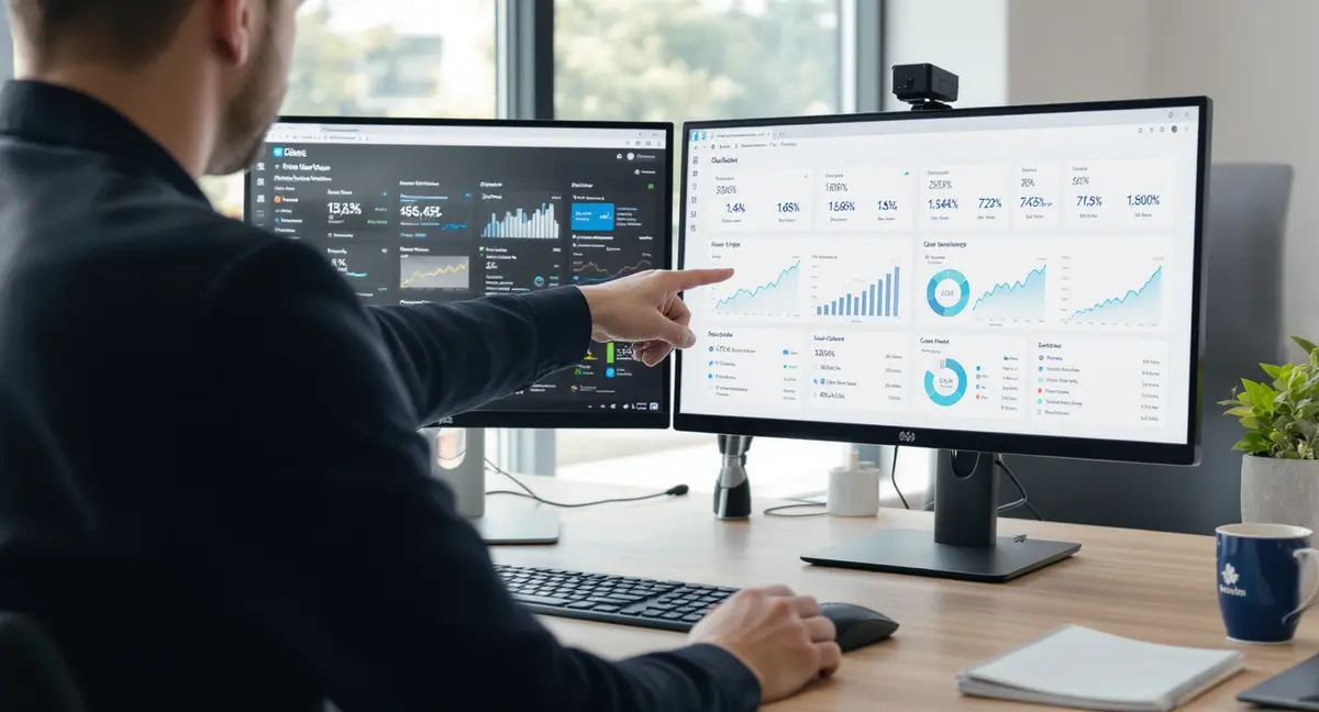Digital marketer standing at desk, pointing at dual-monitor setup displaying SEO dashboard with real-time - Strategyc