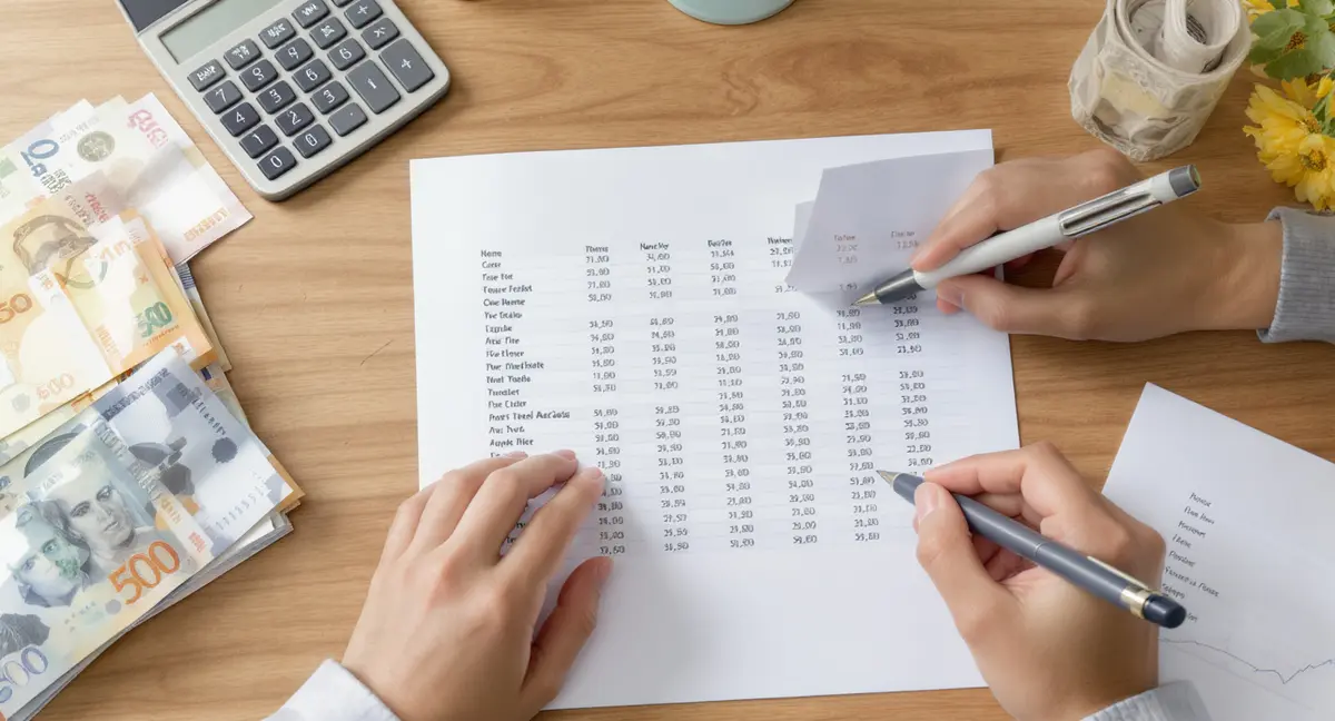 Hands annotating a printed ROI spreadsheet with a pen, calculator and dollar notes visible on desk - Strategyc