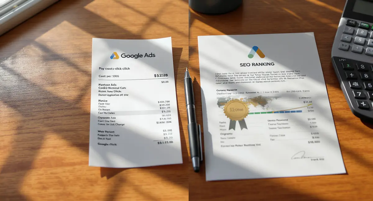 A split-screen tactile comparison: Google Ads cost-per-click receipt stub and organic SEO ranking - Strategyc