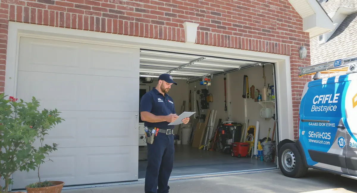 Garage door repair technician standing in driveway beside an open residential garage door, clipboard in - Strategyc