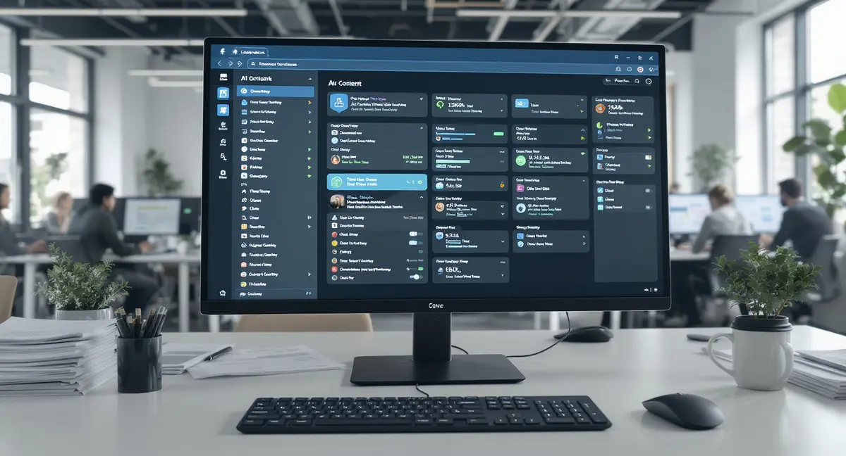AI content management platform interface displayed on large monitor in modern marketing workspace with - Strategyc