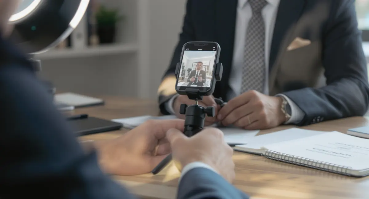 Lawyer recording a video explanation at desk with ring light and smartphone tripod, mid-sentence - Strategyc