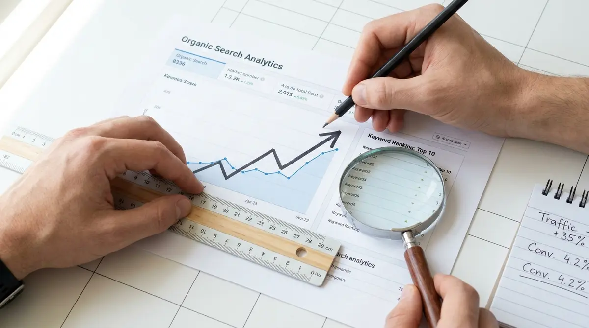 Close-up of a printed organic search analytics dashboard with hand drawing an upward trend line overlay - Strategyc