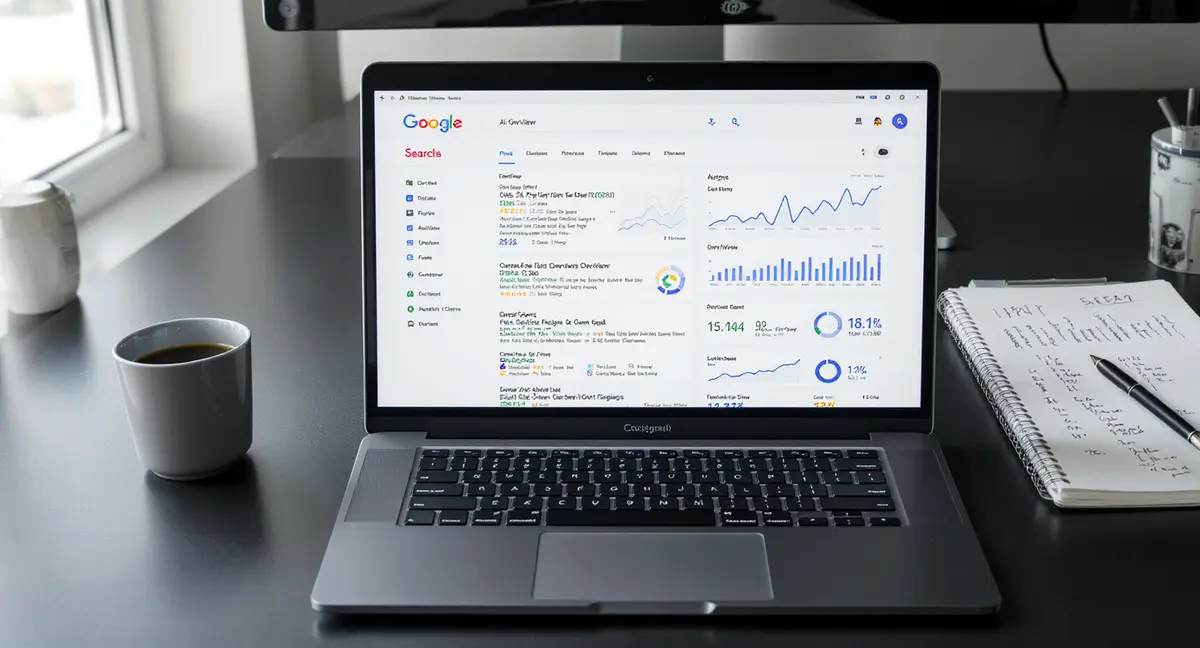 Laptop screen displaying Google search results and AI overview panel side-by-side with analytics - Strategyc