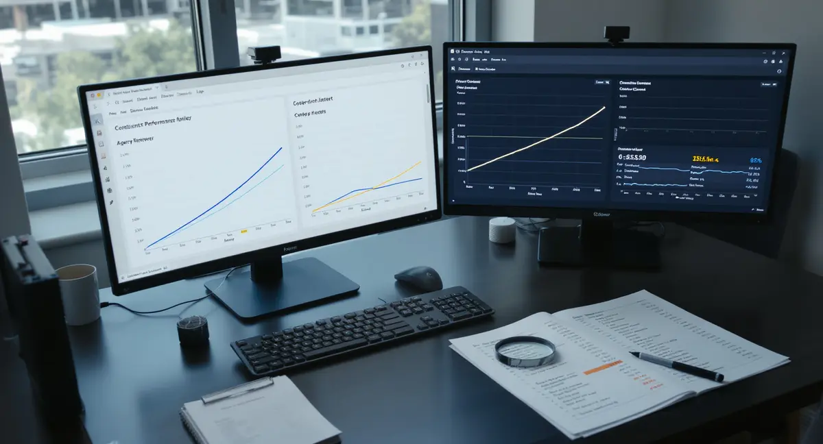 Dual-monitor workstation displaying content performance analytics with ownership metrics and - Strategyc