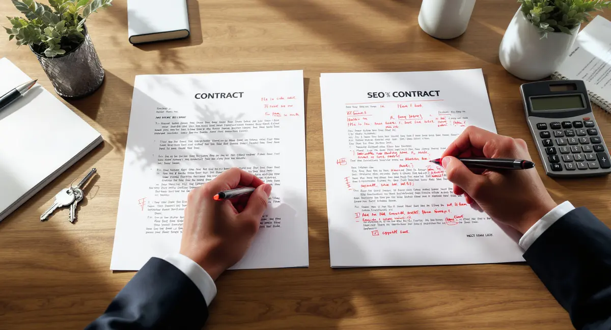 Lawyer's desk with contract markup, pen, and SEO analytics printout side-by-side - Strategyc