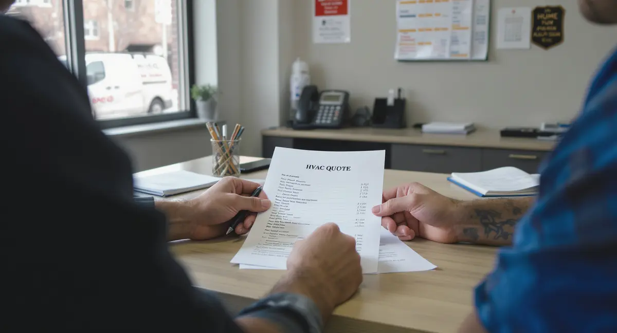 HVAC contractor sitting at desk in service office, reviewing printed quote with customer across table, - Strategyc