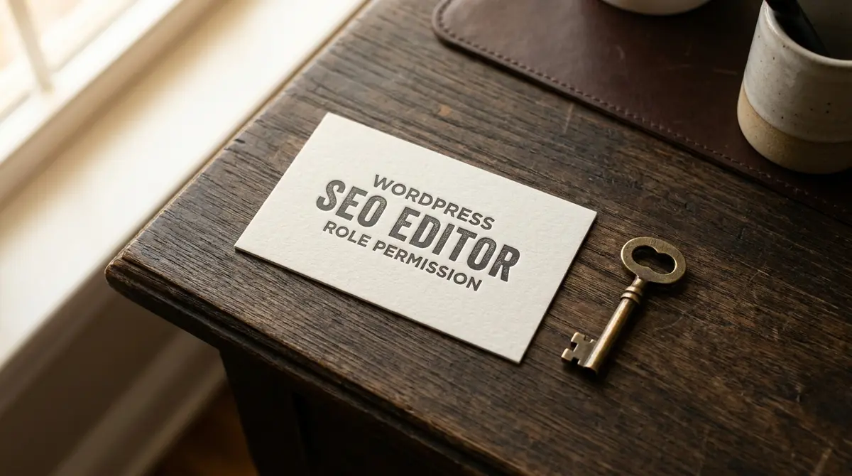 WordPress user role permission card or badge with SEO Editor label next to a small brass key on dark wood - Strategyc