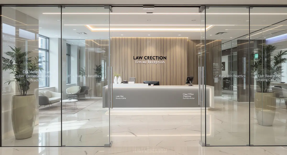 Interior of a modern law office reception area with client seating, firm branding on wall, and glass - Strategyc