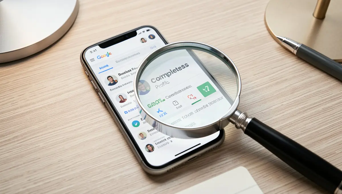 A smartphone displaying a Google Business Profile dashboard with a magnifying glass positioned over the - Strategyc