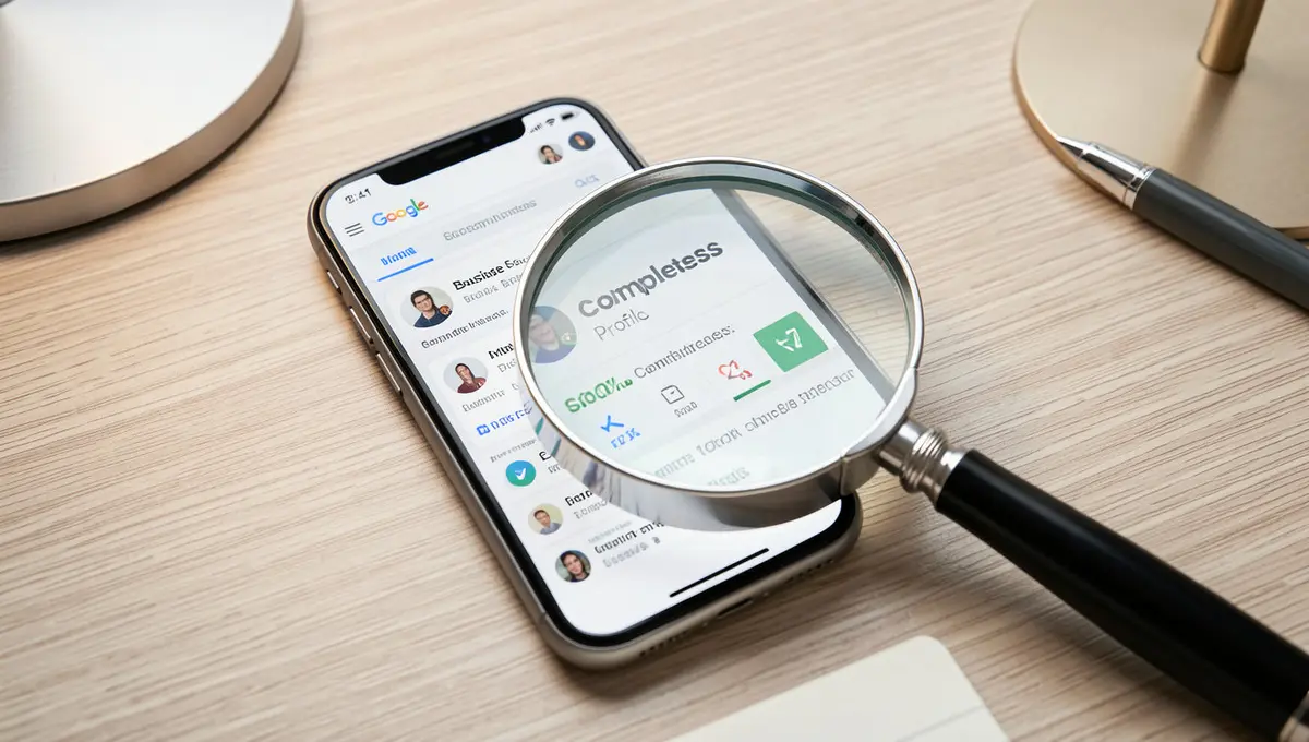 A smartphone displaying a Google Business Profile dashboard with a magnifying glass positioned over the - Strategyc