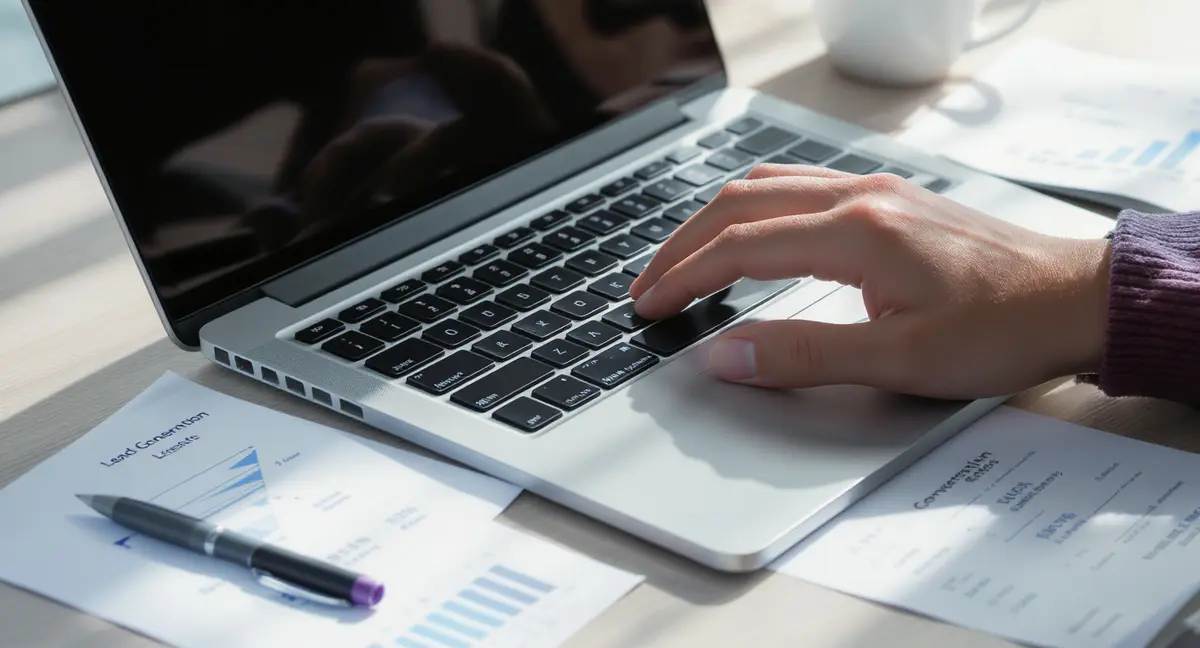 A laptop keyboard with a hand typing, surrounded by scattered lead-generation metrics printouts and a pen - Strategyc