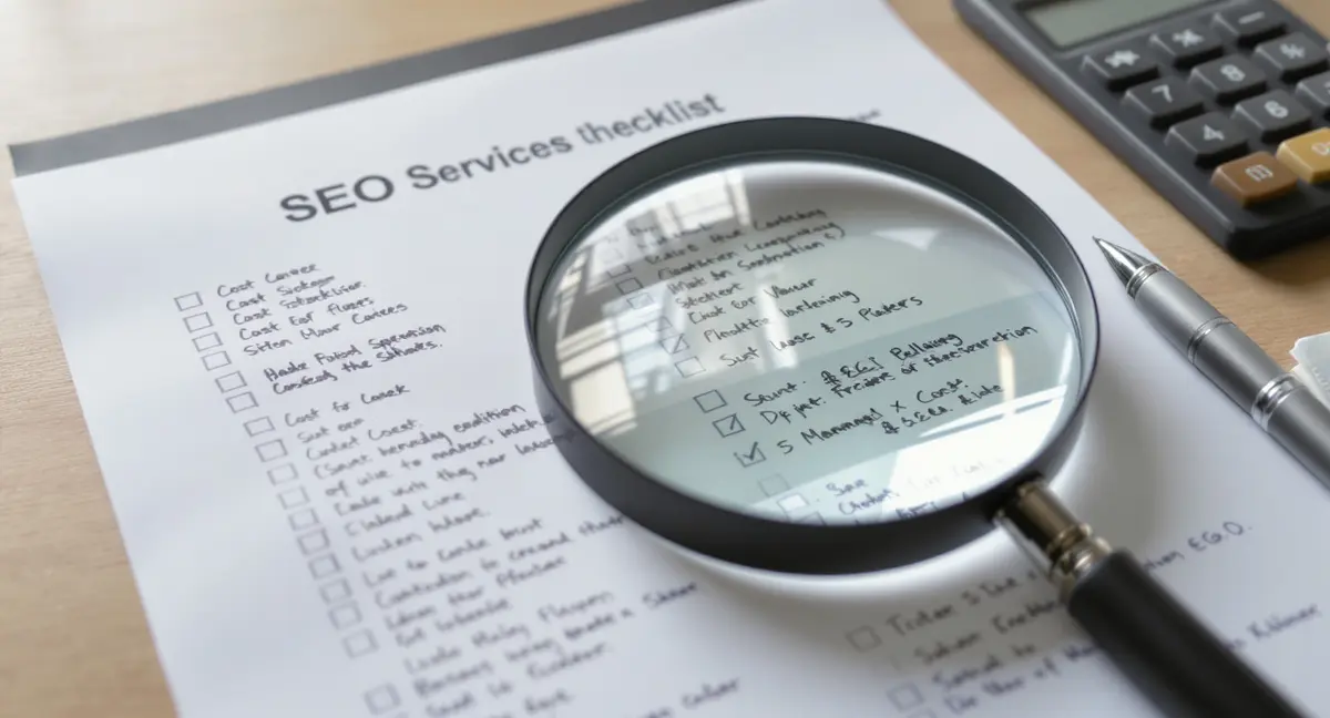 Magnifying glass positioned over a printed SEO checklist with cost breakdown annotations and checkmarks - Strategyc