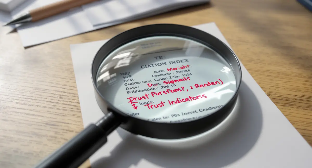 Magnifying glass positioned over a printed citation index card with author credentials, publication - Strategyc
