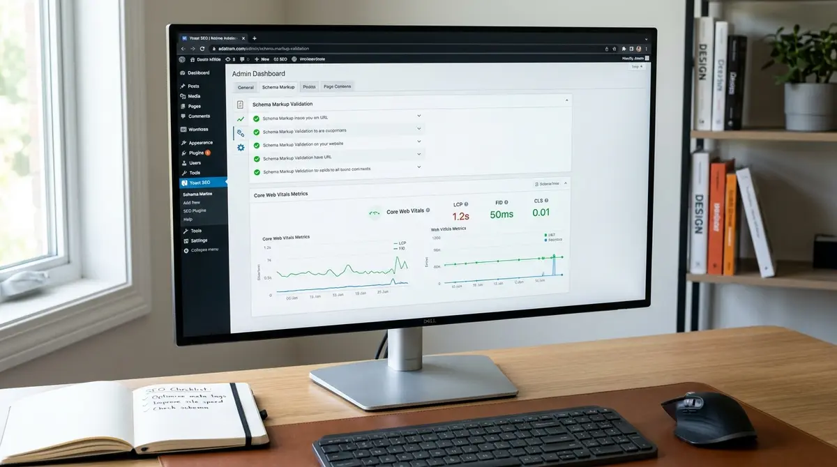 WordPress admin dashboard on desktop monitor displaying SEO plugin settings panel with schema markup - Strategyc