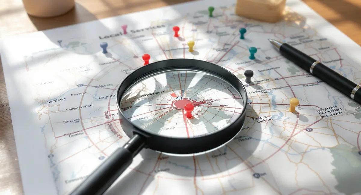 A magnifying glass positioned over a printed local services map marked with competitor locations and - Strategyc