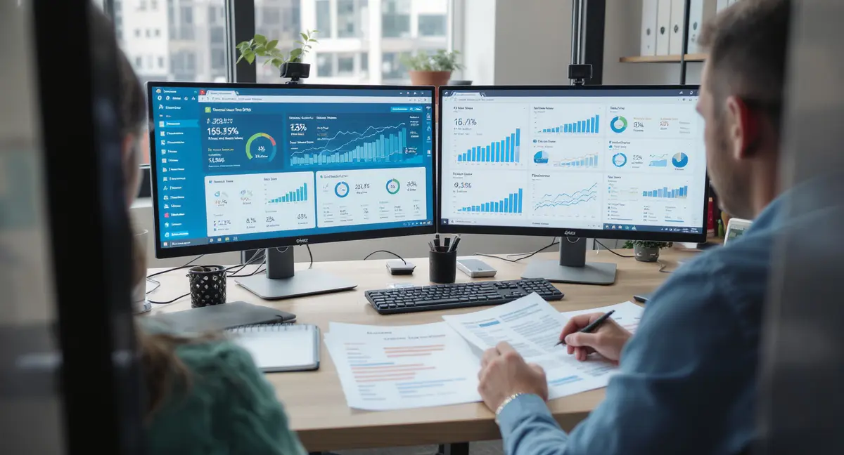Digital marketing agency office workspace with team member at desk reviewing SEO strategy documents and - Strategyc