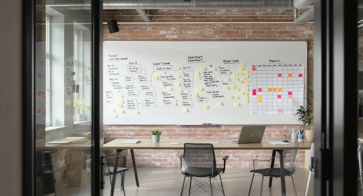Modern marketing agency war room with strategy whiteboard, content calendar pinned to wall, and team - Strategyc